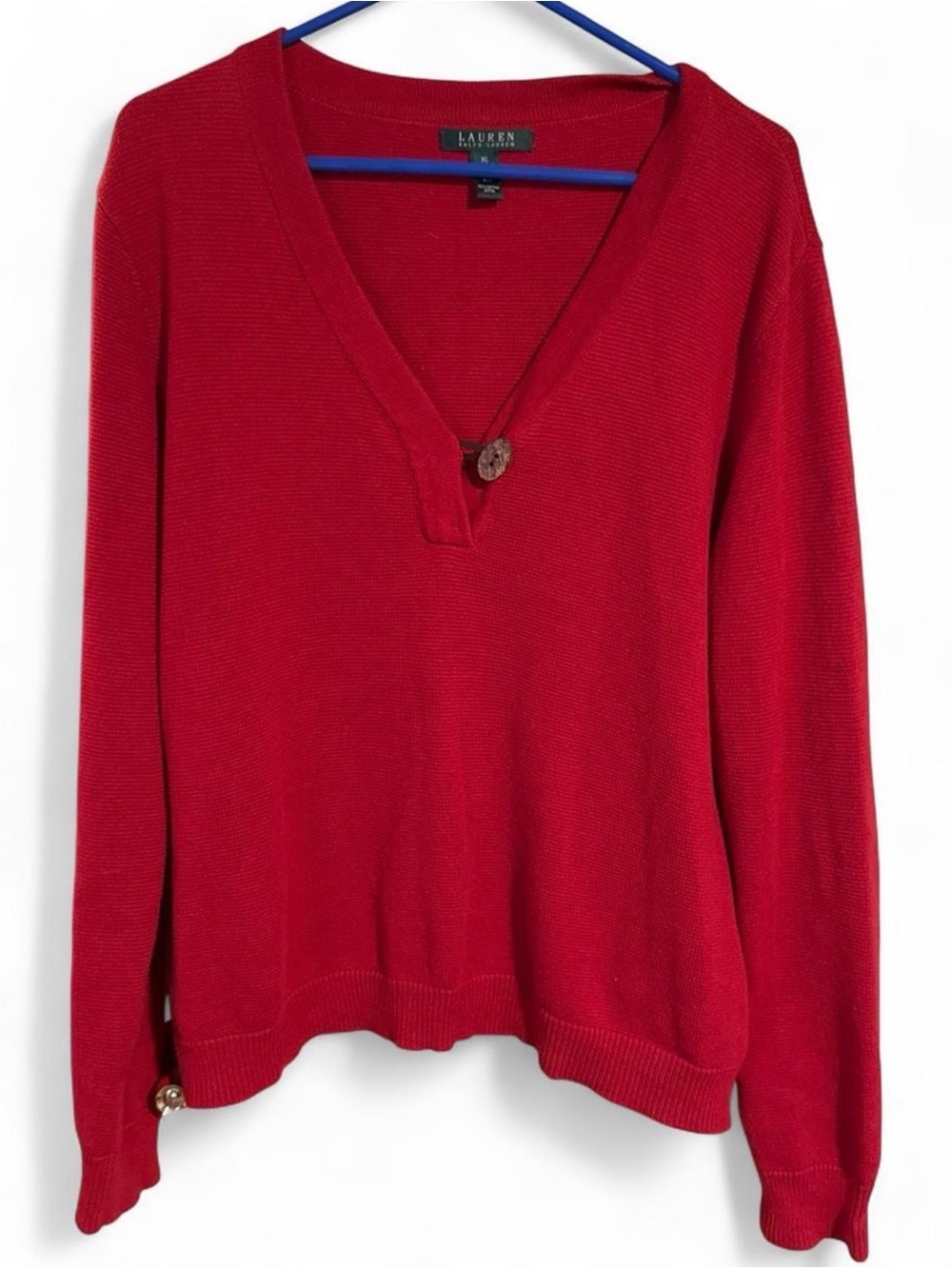 Ralph Lauren Red V-Neck Sweater with Toggle Detail